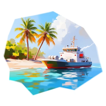 A bunker barge is anchored in crystal-clear tropical waters, showcasing shades of blue and turquoise. The barge is a large, rectangular vessel with a rugged appearance, featuring various equipment and containers on its deck. In the background, a sandy shore is framed by tall palm trees swaying gently in the breeze. The lush green foliage of the palms contrasts with the vibrant colors of the water. A few small waves lap against the hull of the barge, while the sun casts a warm glow over the entire scene. The overall atmosphere reflects a tranquil day in a tropical paradise.