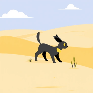 An Umbreon with sleek black fur and bright yellow rings is wandering through a vast desert. The sand is a warm golden color, forming soft, rolling dunes in the background. The sky is a clear blue, with a few fluffy white clouds scattered across it. The Umbreon stands on a small crest of a dune, casting a long shadow on the sand, and its ears perked up as it surveys the landscape. Small tufts of dry grass and sparse desert plants are scattered around, adding texture to the sandy terrain.