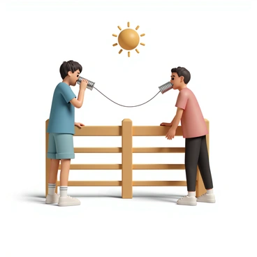 Two young friends are standing on opposite sides of a wooden fence. One friend, wearing a blue t-shirt and denim shorts, is holding a tin can to their ear, while the other friend, dressed in a red shirt and black pants, is speaking into a tin can. The string connecting the two cans is taut, illustrating their conversation. Each friend has a cheerful expression, with the sun shining brightly above them, casting soft shadows on the ground.