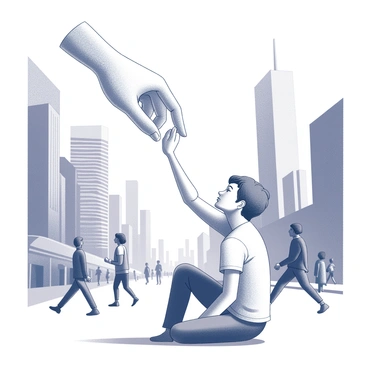 A hand is reaching down from above towards a person seated on the ground. The hand, large and strong, is positioned with fingers slightly curled, ready to grasp the other person's wrist or arm. The individual on the ground looks up, showing a mix of determination and gratitude on their face. The bustling city surrounds them, with tall buildings and busy pedestrians in the background. Skyscrapers stretch upward, and people rush past, creating an atmosphere of motion and urgency in the urban environment.