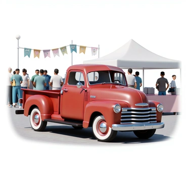 A gleaming vintage red truck is parked prominently at a classic car show. The truck features chrome accents that reflect the sunlight, highlighting its polished exterior. It has a glossy finish with a deep red color, contrasting sharply with the white-wall tires. The truck’s design includes rounded edges and vintage embellishments, showcasing its classic style. The surrounding area is filled with spectators admiring the truck, while a colorful banner in the background reads "Classic Car Show." The ground is paved, adding to the event's formal atmosphere.