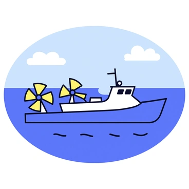 A research boat with a sleek design is equipped with various tidal energy tools on its deck. The boat features a bright blue hull and a white cabin. Large turbines with spinning blades are mounted on the sides, capturing the ocean's energy. The water surrounding the boat is a deep blue, with gentle waves lapping against the hull. In the background, the horizon meets the sky, which is clear with a few fluffy clouds. The boat is actively navigating through the ocean, highlighting its purpose of exploring energy potential.