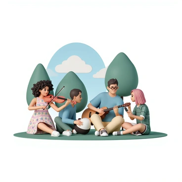A diverse group of people, representing various backgrounds. A woman with curly black hair, wearing a colorful dress, is playing a violin. Beside her, a man with short brown hair, dressed in a blue shirt and jeans, is strumming a guitar. A person with long red hair, wearing a green hoodie and khaki pants, is sitting on the grass playing a djembe. Another individual, with glasses and a plaid shirt, is holding a flute and smiling at the others. They are surrounded by trees and a clear blue sky, enjoying the moment as they share their music in the park.