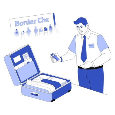 A customs officer is standing beside a security table at a border checkpoint. The officer is wearing a uniform with a badge and has a focused expression. In front of him, there is an open suitcase on the table, revealing neatly organized clothing and a variety of personal items. The officer is inspecting a small electronic device pulled from the suitcase, holding it in one hand and looking closely at it. In the background, a sign indicating "Border Check" is visible, adding context to the scene. There are also other travelers waiting in line, observed from a distance.