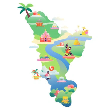 A colorful animated-style map of Kerala is displayed prominently. The map features exaggerated outlines of the state with playful curves and bright colors. Various cartoonish landmarks are scattered across the landscape, including "a palm tree" on the coast, "a houseboat" floating in a backwater, and "the iconic Padmanabhaswamy Temple" with its ornate design. There are cheerful icons representing local culture, such as "a Kathakali dancer" in traditional costume, "a spice basket" overflowing with vibrant spices, and "a tea plantation" with rolling green hills. Each landmark and icon is styled in a whimsical manner, enhancing the overall lively and engaging look of the map.