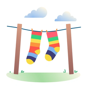 A pair of funky socks patterned with the colors of the color wheel is hanging on a clothesline. The socks are bright and vibrant with stripes of red, orange, yellow, green, blue, indigo, and violet. The clothesline is stretched between two wooden posts in a sunny outdoor setting. Soft green grass is visible beneath the clothesline, and a few fluffy white clouds are scattered in the blue sky above. The sunlight casts gentle shadows, highlighting the playful design of the socks.