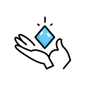 Two hands, one slightly larger than the other, are gently holding a sparkling gem. The gem is a brilliant blue, reflecting a spectrum of colors due to the light hitting its facets. Above the hands, a beam of light shines down, illuminating the gem and creating a soft glow around it. The texture of the skin on the hands is visible, with faint lines and details that add realism. The background is minimalistic, ensuring that the focus remains on the hands and the gem.