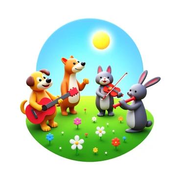 A group of cartoon animals, including a dog playing a guitar, a cat playing a violin, and a rabbit playing a flute, are gathered in a sunny meadow. The meadow is filled with vibrant green grass and colorful flowers scattered throughout. The animals are depicted with cheerful expressions as they enjoy making music together. In the background, a bright sun shines down from a clear blue sky, adding a warm glow to the scene.