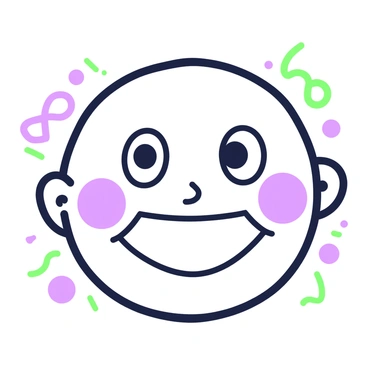 A child's simple crayon drawing features a large, round face at the center. The face has two big, round eyes with a playful expression. Below the eyes, there is a large smile that stretches widely across the face. On each side of the smile, there are rosy cheeks that enhance the cheerful look. The outline of the face is distinct and bold, emphasizing its simplistic and joyful nature. In the background, there are small squiggles and shapes that add to the playfulness of the drawing without overwhelming the central face.