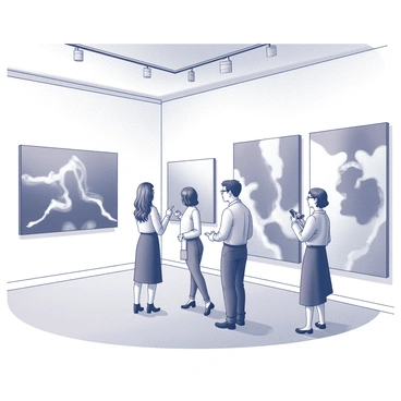 A spacious modern art gallery filled with various abstract paintings on the walls. A group of four people stands in front of a large canvas, engaging in conversation. One person, a woman with long hair, points towards the painting, while a man beside her nods in agreement, with an intrigued expression on his face. Another person, a man with glasses, is taking notes in a small notebook, observing the artwork closely. The fourth individual, a younger woman, is capturing the moment with a camera, focusing on the painting and her companions. The gallery has polished wooden floors and large windows letting in natural light, illuminating the artwork.