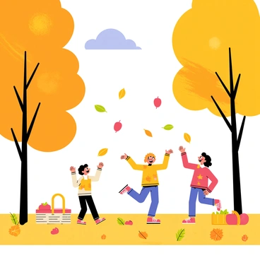 A peaceful park scene in autumn featuring children playing energetically among a carpet of fallen leaves. The trees are tall and full, showcasing their foliage in warm shades of orange and yellow. The children are dressed in colorful sweaters and are laughing as they toss leaves into the air. A picnic blanket with a basket and a couple of apples sits on the grass nearby. A clear blue sky is visible above, completing the picturesque autumn day.
