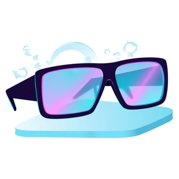 A pair of oversized sunglasses with a thick black frame and reflective lenses that show vibrant colors. The lenses catch the light and reflect a kaleidoscope of hues, creating a dynamic visual effect. The sunglasses are placed on a clean, smooth surface, emphasizing their bold shape and eye-catching design. The background features subtle geometric patterns that enhance the overall visual impact of the sunglasses.