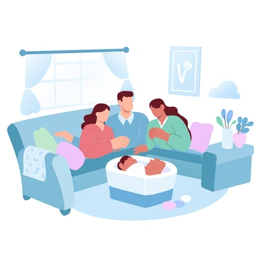 A family is gathered around a newborn baby lying in a soft, cozy bassinet. The room is filled with comfortable furniture, including a plush couch and a warm armchair. There are colorful cushions scattered on the couch, adding to the inviting atmosphere. A large window is adorned with light curtains, allowing soft natural light to fill the space. The family members are wearing casual, comfortable clothing, and they are leaning in with gentle, affectionate gestures toward the baby. A small table nearby holds a vase with fresh flowers, enhancing the homely feel. A quilt is draped over the arm of the chair, adding texture to the scene.