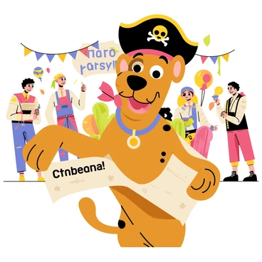 A cartoon-style illustration of "Scooby-Doo" wearing a colorful pirate costume at a festive themed party. Scooby is adorned with a black pirate hat decorated with a golden skull and crossbones. He has a red bandana tied around his neck and a brown eye patch over one eye. The background features colorful decorations like balloons and streamers, along with a large banner that reads "Pirate Party!" There are several party-goers dressed in various pirate outfits, enjoying the festivities. Scooby is holding a treasure map in one paw, looking excited and ready for adventure.