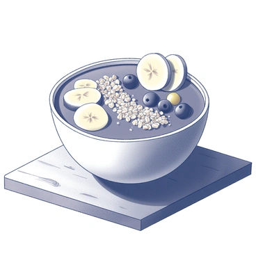 A smoothie bowl sits on a wooden table. The bowl is filled with a thick, blended mixture. It is topped with slices of tamarind, an assortment of fresh fruits including bananas and berries, and a sprinkling of granola. The texture of the granola contrasts with the smooth surface of the bowl. The wooden table surface has visible grains and knots, adding to the organic feel of the setting.
