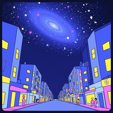 A vibrant urban landscape at night with tall buildings silhouetted against the sky. In the background, the "Milky Way galaxy" appears, filled with swirling stars and bright celestial colors. The galaxy gradually fades, merging into the bright glow of city lights below. The streets are bustling with people and illuminated by neon signs, while a soft light from the galaxy adds a dreamy effect to the scene.