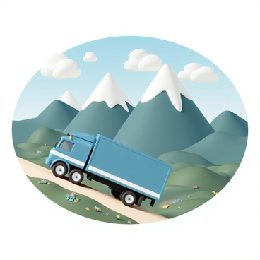 A large parcel truck, painted in bright blue with white accents, is climbing a steep mountain road. The truck's wheels are covered in dirt, suggesting it has been traveling through challenging terrain. In the background, there are majestic mountain peaks, their tops capped with snow gleaming under the sunlight. Below, lush green valleys extend outwards, dotted with patches of wildflowers in vibrant colors. The sky is clear with a few fluffy white clouds, enhancing the beauty of the picturesque landscape.