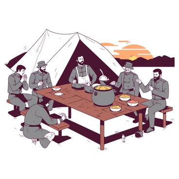 A group of Confederate soldiers in gray uniforms are gathered around a large mess tent. The tent is made of canvas and features several outdoor tables. The soldiers are sitting on wooden benches, some holding bowls filled with food while others are using metal utensils. In the center of the scene, there is a large pot of stew being served by a soldier wearing a white apron. The soldiers are engaged in conversation, sharing smiles and laughter, with a few of them gesturing animatedly. In the background, the sun is setting, casting a warm light over the gathering atmosphere.