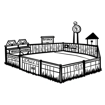 A vintage outfield fence made of wooden planks, showing signs of weathering and age. Hand-painted advertisements are displayed throughout the fence, featuring various local businesses and products. The ballpark is surrounded by lush grass, with a worn dirt infield visible at the bottom of the image. A few classic wooden bleachers can be seen in the background, and an old-fashioned scoreboard stands off to one side. The scene captures the nostalgic charm of a small-town ballpark.