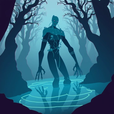 A mysterious creature with elongated limbs and glowing eyes is emerging from the dense fog in a dark, eerie swamp. Its skin has a slick, reflective surface, blending shades of green and black. Thick vines and moss drape from its form, and it stands partially submerged in murky water, creating ripples around it. The surrounding area is filled with twisted trees, their gnarled branches reaching out like skeletal fingers, while dim light filters through the fog, casting an ethereal glow on the scene.