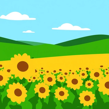 A vast field filled with bright yellow sunflowers swaying gently in the breeze. The sunflowers have large, round brown centers surrounded by vibrant yellow petals. The sky above is a clear blue with a few fluffy white clouds scattered throughout. In the background, rolling green hills stretch towards the horizon, contrasting with the yellow of the sunflowers. A light wind causes the sunflowers to bend slightly, creating a dynamic and lively scene.