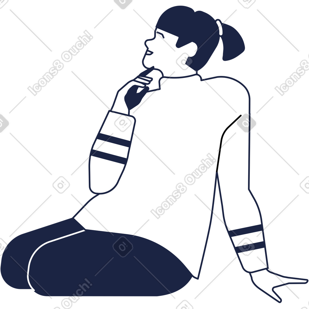 Illustration Femme en pull est assise sur le sol et lève les yeux dans style Urban Line à télécharger aux formats PNG, SVG