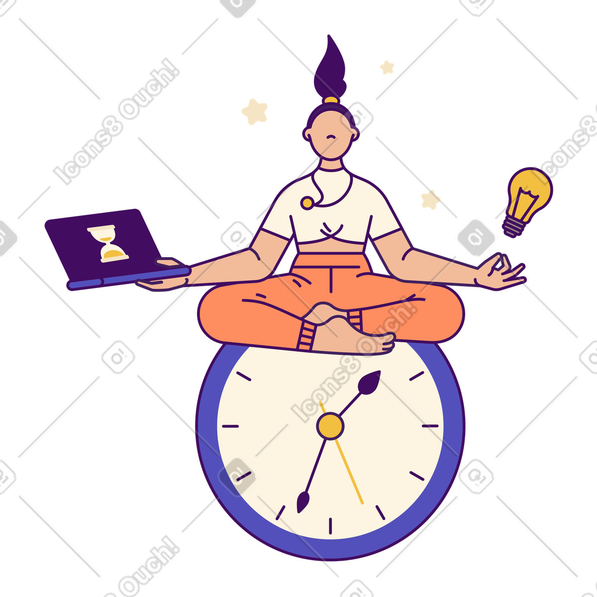 Ilustração de Relaxed worker sitting on clock in lotus pose, work life balance or productivity em no estilo Simplistic para baixar em PNG, SVG