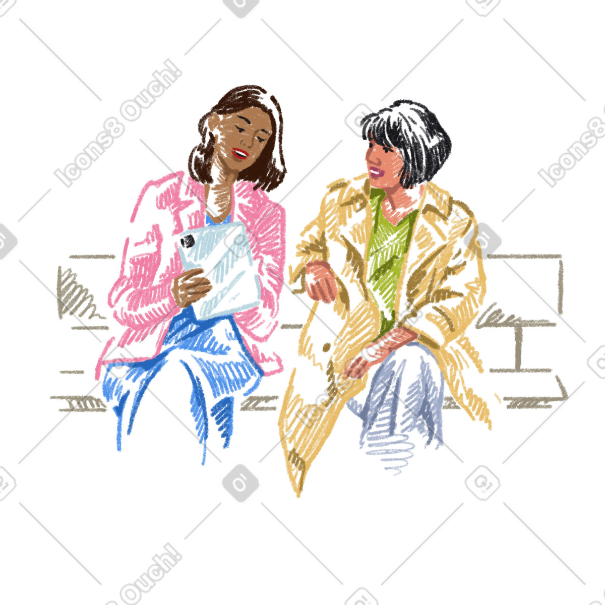 Frau zeigt ihrer freundin dinge auf einem tablet-Illustration im Sketchbook-Stil als Download in PNG, SVG