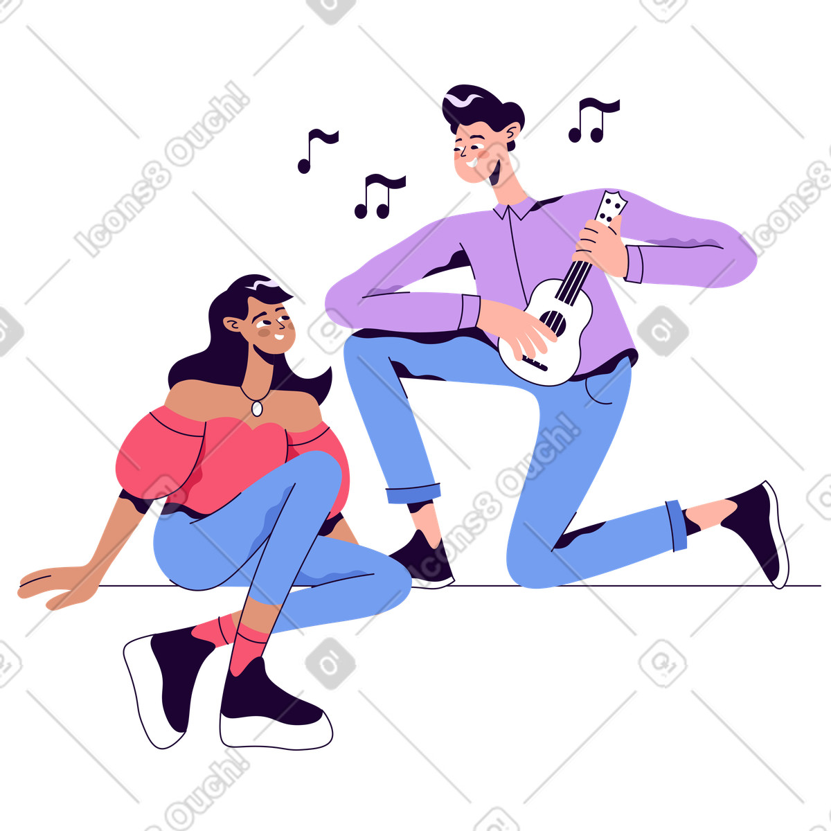 Uomo che suona musica per chitarra donna illustrazione animata in stile Martina scaricabile in GIF, Lottie (JSON), AE