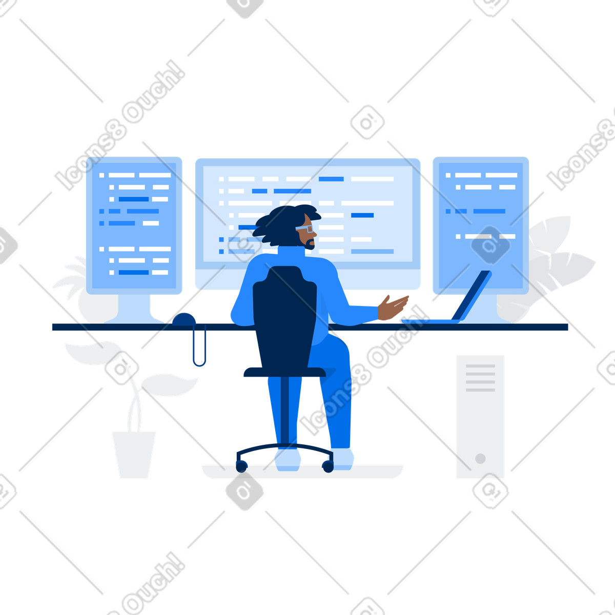 Illustration Programmer working on multiple screens, Efficient coding setup dans le style Urban à télécharger aux formats PNG, SVG
