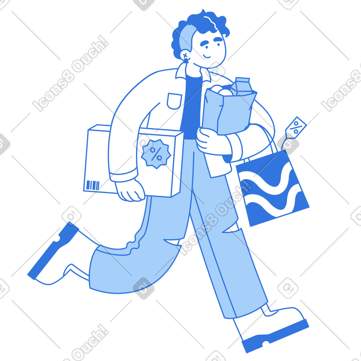 Ilustração de Customer running with shopping bags and boxes, seasonal sale or promotion em no estilo Sky para baixar em PNG, SVG