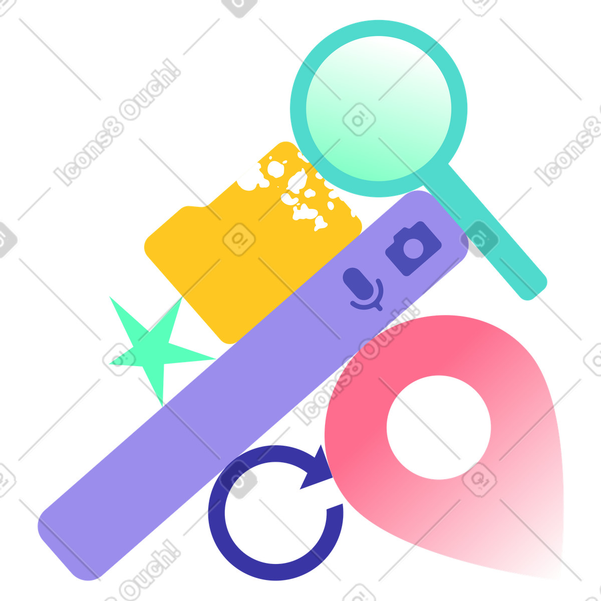Intelligente tools zur inhaltsfindung, system organisation digitaler medien, dateisuche und navigation-Illustration im Bright-Stil als Download in PNG, SVG
