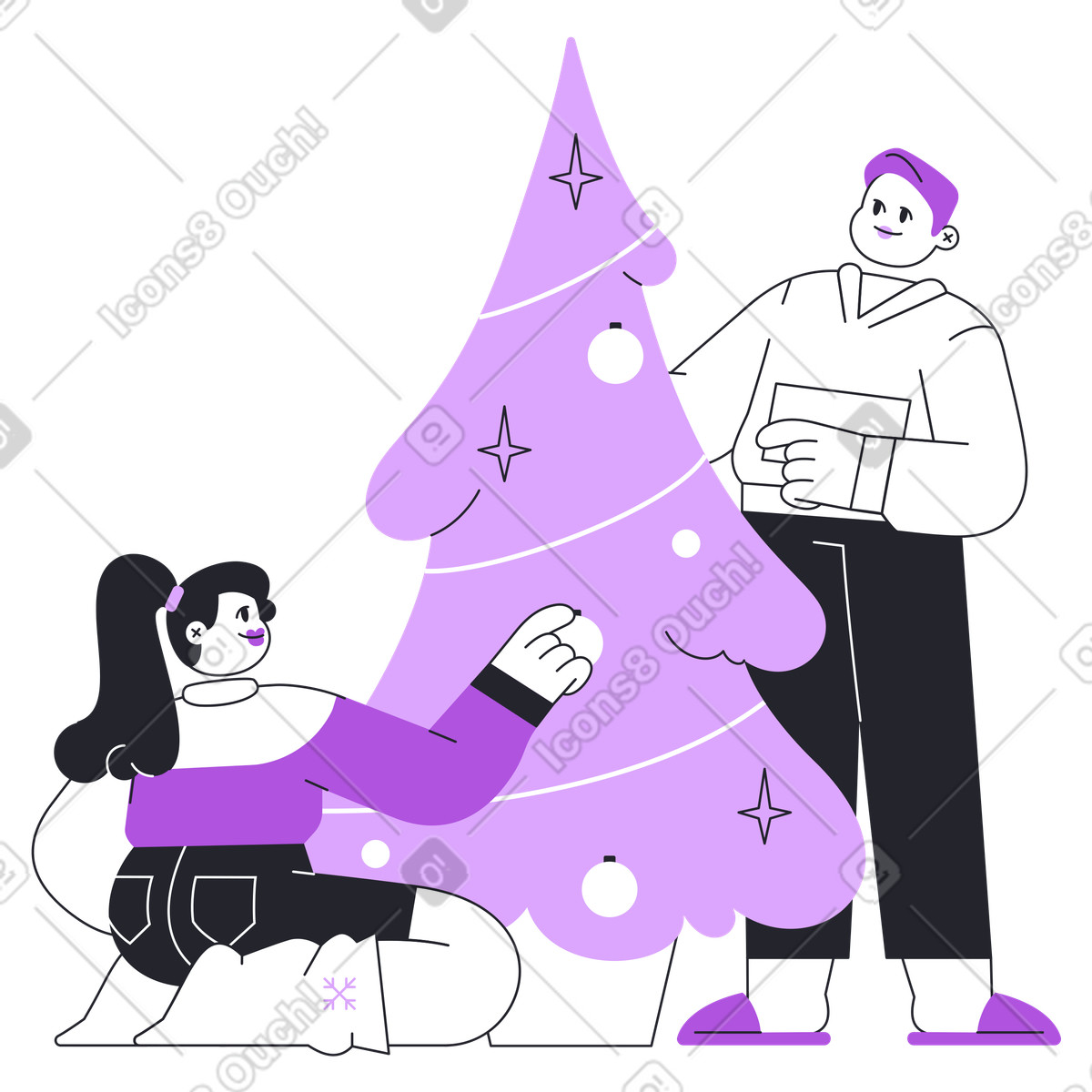 Friends decorating Christmas tree with baubles, Festive activity and seasonal tradition illustration in Grapy style download in PNG, SVG