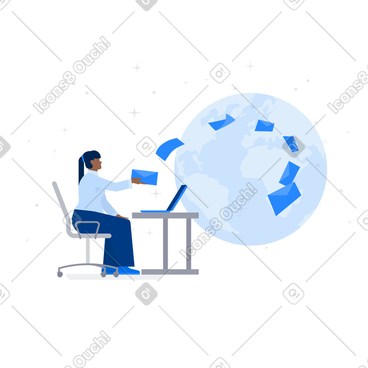 Office worker distributing mail around earth, worldwide digital correspondence illustration in Urban style download in PNG, SVG