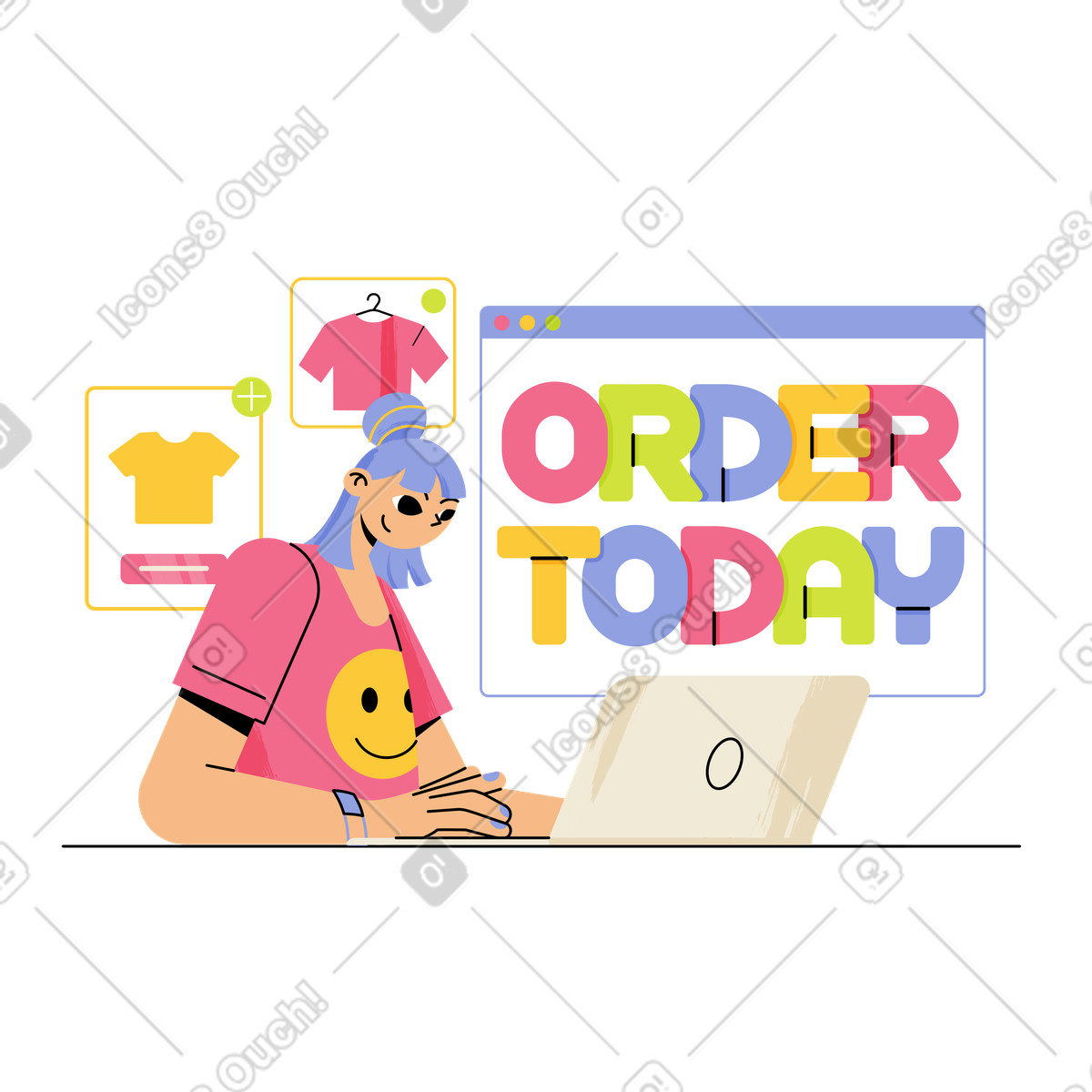 Person shopping for clothes on laptop, Online ordering and e-commerce illustration in Juicy style download in PNG, SVG
