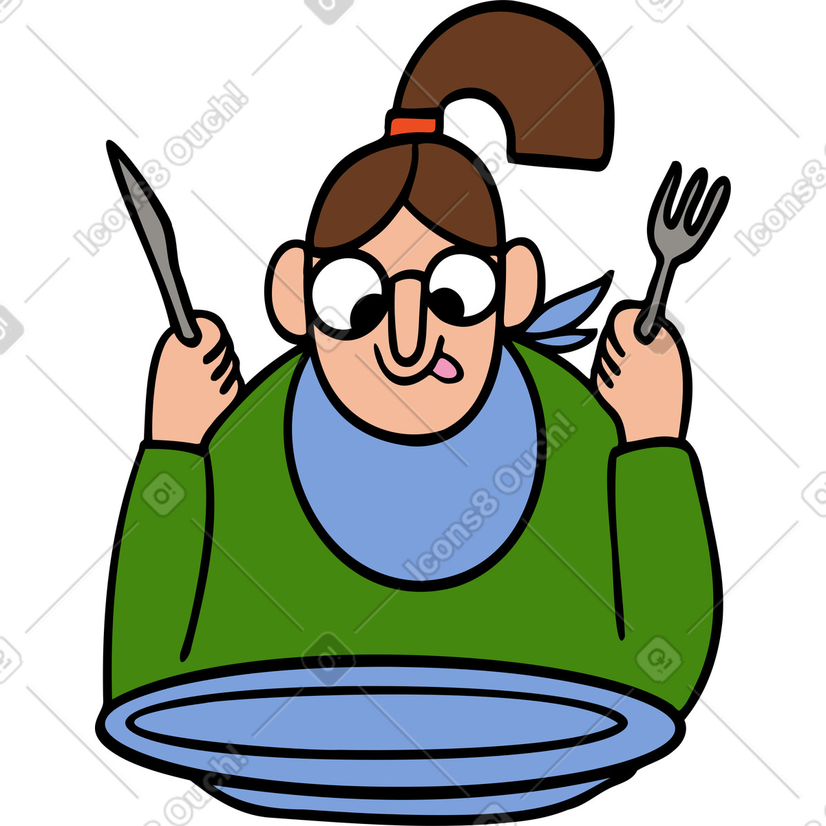 Hungry woman with a plate and cutlery illustration in Comic style download in PNG, SVG