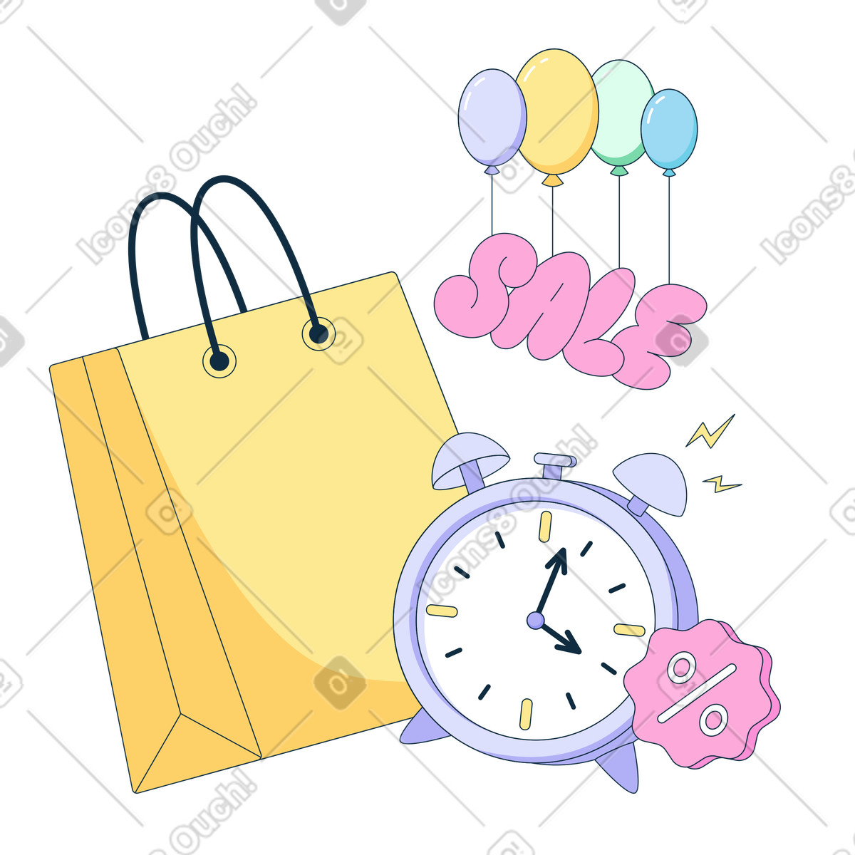 Einkaufstasche und wecker mit schwebendem verkaufstext-Illustration im Bubble gum-Stil als Download in PNG, SVG