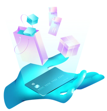 A hand holding a credit card with floating packages - Glare style illustration