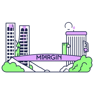 A bridge is spanning the gap between two land masses. The bridge is prominently labeled with the word "Margin" in bold letters. One land mass features tall skyscrapers with large windows and modern architecture, while the other land mass has smaller, traditional buildings with signs indicating various businesses. In the foreground, there are green trees and grass, creating a vibrant contrast to the concrete structures. The sky is clear, enhancing the overall view of the scene.