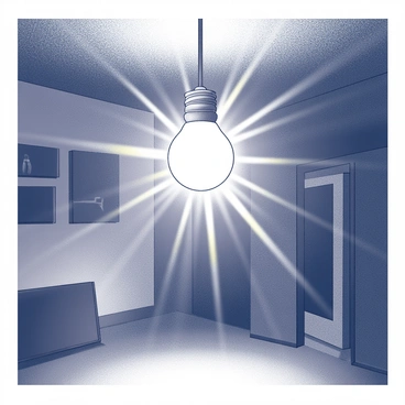 A light bulb hanging from the ceiling of a dimly lit room. The bulb is emitting bright electric bursts of light that radiate outwards, illuminating the surrounding space. Shadows are cast on the walls and floor, creating contrasting areas of light and darkness. The atmosphere is filled with the sense of movement as the electric bursts seem to dance around the room. The ceiling and walls are slightly textured, and there may be furniture pieces in shadowy outlines, enhancing the focus on the light source.