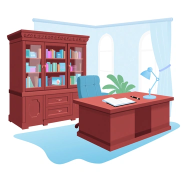 A senator's private office features a large wooden cabinet filled with various personal items. The cabinet has elegant carvings and glass doors that showcase an assortment of framed photographs, awards, and books. A polished wooden desk sits in the center of the room, accompanied by a comfortable leather chair. The walls are adorned with rich, textured wallpaper, and a large window allows natural light to filter in softly. A plush area rug lies beneath the desk, adding warmth to the space. On the desk, there is an open notebook, a pen, and a stylish desk lamp.