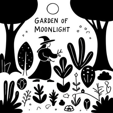 A garden filled with various nocturnal plants, their unique shapes and textures highlighted in the light of the moon. In the center of the garden stands a witch dressed in flowing robes, carefully tending to the plants with a pair of pruning shears. The witch's long hair flows behind her, and a collection of herbs and botanical tools is scattered around her feet. The scene is surrounded by tall, shadowy trees that frame the garden, with the moon casting intricate shadows across the ground. Words "Garden of Moonlight" are inscribed above the scene.