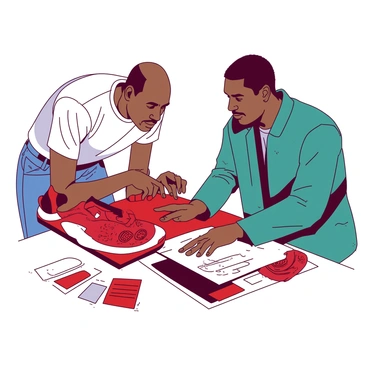 A red sneaker design is being presented by a designer to Michael Jordan, who is intently observing the prototype. The sneaker features a sleek silhouette with an innovative design, highlighted by bold patterns and unique textures. Michael Jordan is wearing a casual outfit, including a white t-shirt and blue jeans, while leaning forward slightly, showing enthusiasm for the project. The designer, dressed in a teal jacket, points out specific design elements on the sneaker, and there are sketches and color swatches spread out on the table in front of them. The room is bright, filled with natural light illuminating their creative discussion.