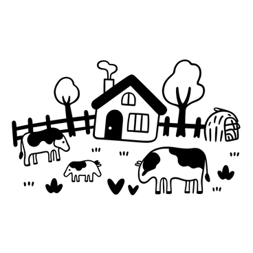 A cozy cabin surrounded by a grassy area. Several cows with distinct markings grazing peacefully. Nearby, a group of chickens is pecking at the ground, some flapping their wings. The cabin has smoke curling from the chimney, indicating a fire inside. A wooden fence encloses part of the yard, and a few trees are scattered around the scene. A haystack is placed to one side, adding to the rural setting.