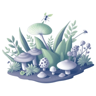 A close-up view of a tropical forest floor. The ground is covered with a variety of green plants, including broad-leaved foliage and delicate ferns. Scattered throughout are different types of fungi, showcasing unique shapes and textures, some standing tall while others are small and clustered. Insects are present, with a focus on an ant carrying a leaf, and beetles exhibiting various postures among the foliage. The overall composition highlights the rich biodiversity of this forest floor ecosystem.