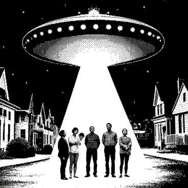 A UFO hovers above a quiet small-town street at night, emitting a bright beam of light that illuminates the area below. The street is lined with quaint houses, and shadows are cast by the light onto the pavement. A group of surprised townsfolk stands on the sidewalk, looking up at the UFO with expressions of astonishment. The townsfolk include a man in a plaid shirt, a woman holding a child, and an elderly couple, all gazing in disbelief at the scene unfolding above them. The night sky is filled with stars, adding to the atmosphere of wonder.