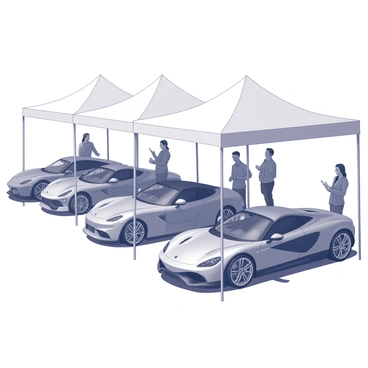 An outdoor auction event taking place in a spacious setting. Several luxury cars are prominently displayed in a neat row, showcasing their sleek designs and polished surfaces. The cars include a range of high-end models, featuring distinctive curves and elegant details. Each vehicle is placed under large white tents that provide shade and create a sense of exclusivity. Attendees can be seen examining the cars, some discussing their features, while others are admiring the craftsmanship. The scene captures the excitement and anticipation of a high-profile auction.