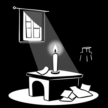 A single candle placed on a small wooden table, casting a flickering light in a dark room. The flame of the candle creates shadows that dance on the walls, adding depth to the scene. The room features a simple chair in the background and a small window partially covered by a curtain. The light from the candle highlights the texture of the table surface and the edges of the room, creating a contrast between the illuminated area and the surrounding darkness. Surrounding the candle, there are scattered pieces of parchment, suggesting thoughts or ideas waiting to be explored.
