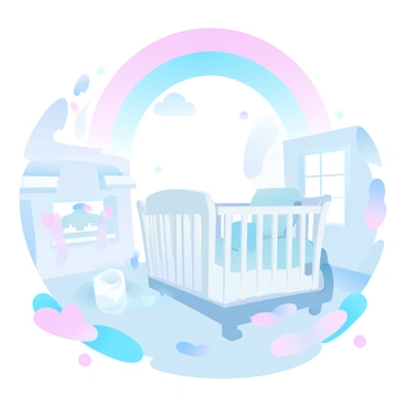 A "calming pastel rainbow" is arched over a "crib" nestled in a "cheerful nursery." The crib is painted in soft white and adorned with cozy bedding in gentle hues. Surrounding the crib, the walls of the nursery are painted in complementing pastel colors, creating a harmonious atmosphere. There are playful decorations and toys scattered throughout the room, adding to the cheerful ambiance. Sunlight streams through a window, illuminating the space with a warm glow.
