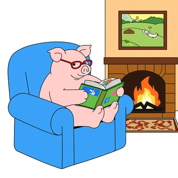A cartoon-style pig with light pink skin and a round body is cozily sitting in a plush, oversized armchair. The armchair is upholstered with a bright blue fabric and has large, fluffy cushions. The pig is wearing a small, red reading glasses perched on its snout. In its hooves, it holds an open book with colorful illustrations on the pages. Nearby, a crackling fireplace emits warm, golden flames, casting a soft glow in the room. The wall above the fireplace has a framed picture of a sunny farm scene, adding a cheerful touch to the cozy atmosphere. A small rug with a playful pattern is placed under the armchair, completing the inviting setting.